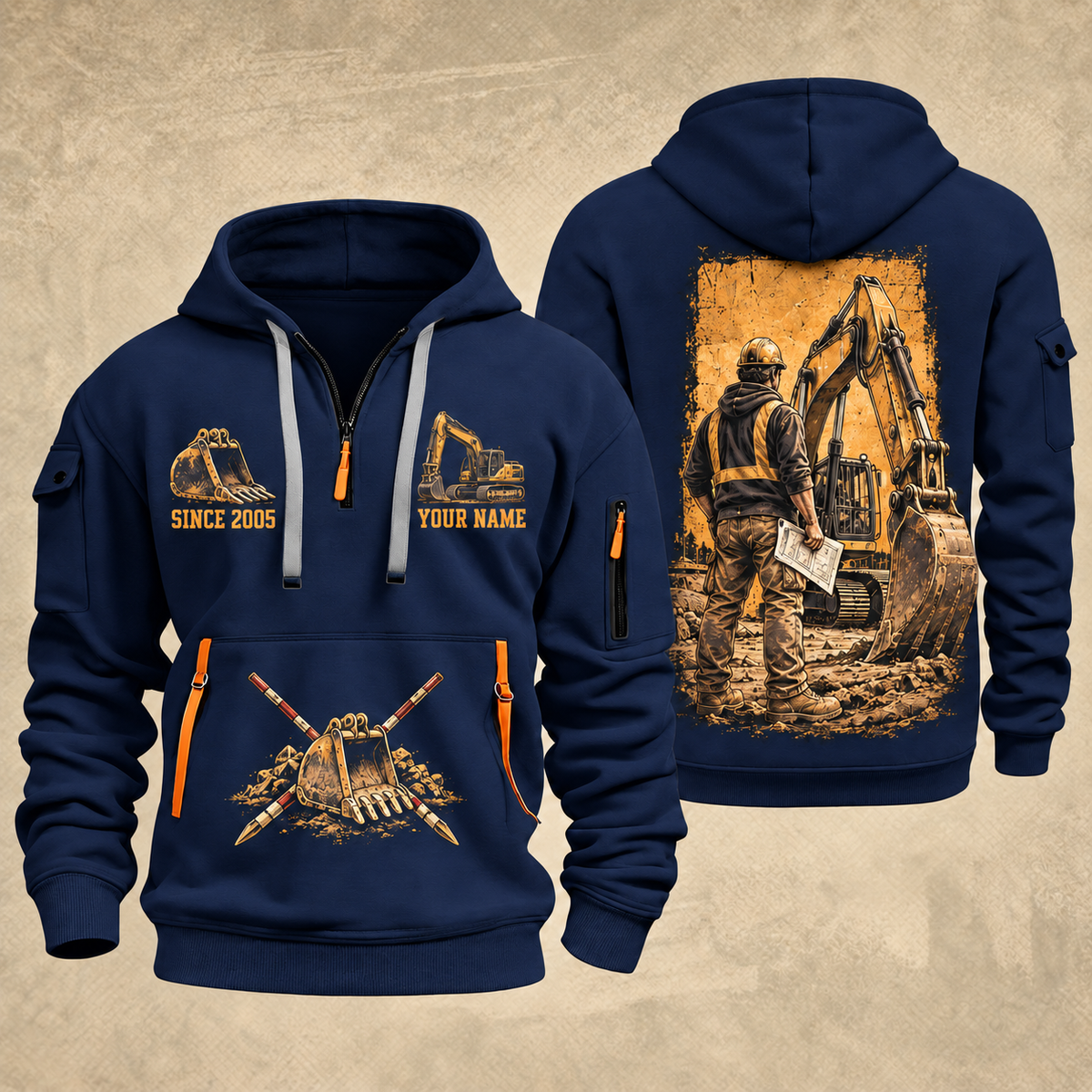 Excavator Operator Groundwork Portrait quarter-zip hoodie in Navy, front and back, YOUR NAME and SINCE 2005 artwork