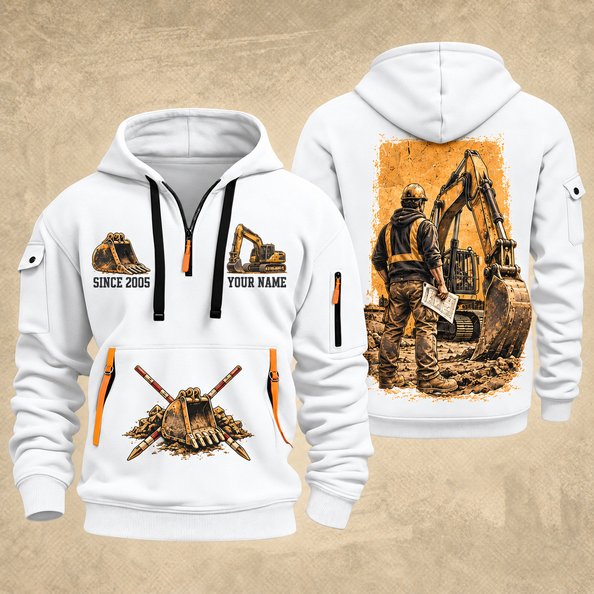 Excavator Operator Groundwork Portrait quarter-zip hoodie in White, front and back, YOUR NAME and SINCE 2005 artwork