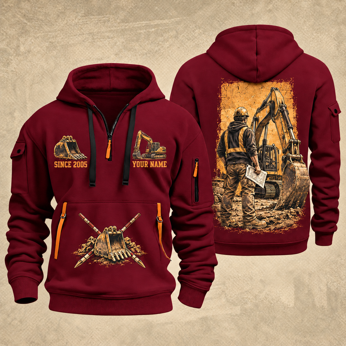 Excavator Operator Groundwork Portrait quarter-zip hoodie in Wine Red, front and back, YOUR NAME and SINCE 2005 artwork