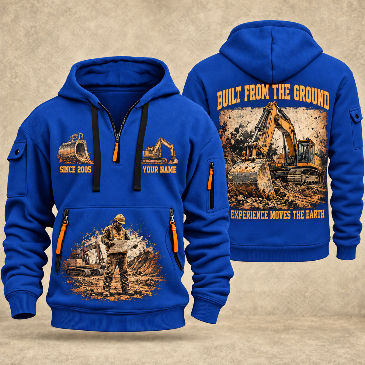 Excavator Operator Built from the Ground quarter-zip hoodie in Blue, front and back, YOUR NAME and SINCE 2005 artwork