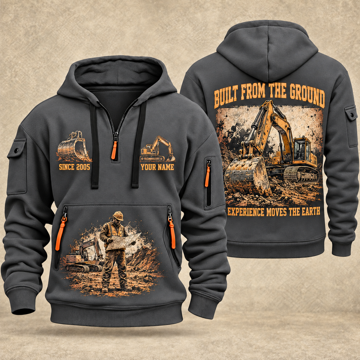 Excavator Operator Built from the Ground quarter-zip hoodie in Gray, front and back, YOUR NAME and SINCE 2005 artwork