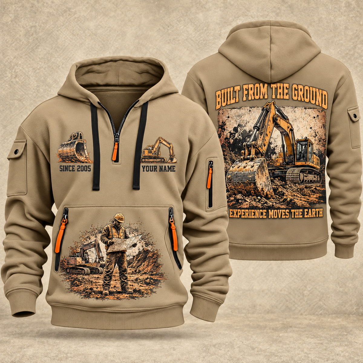 Excavator Operator Built from the Ground quarter-zip hoodie in Khaki, front and back, YOUR NAME and SINCE 2005 artwork
