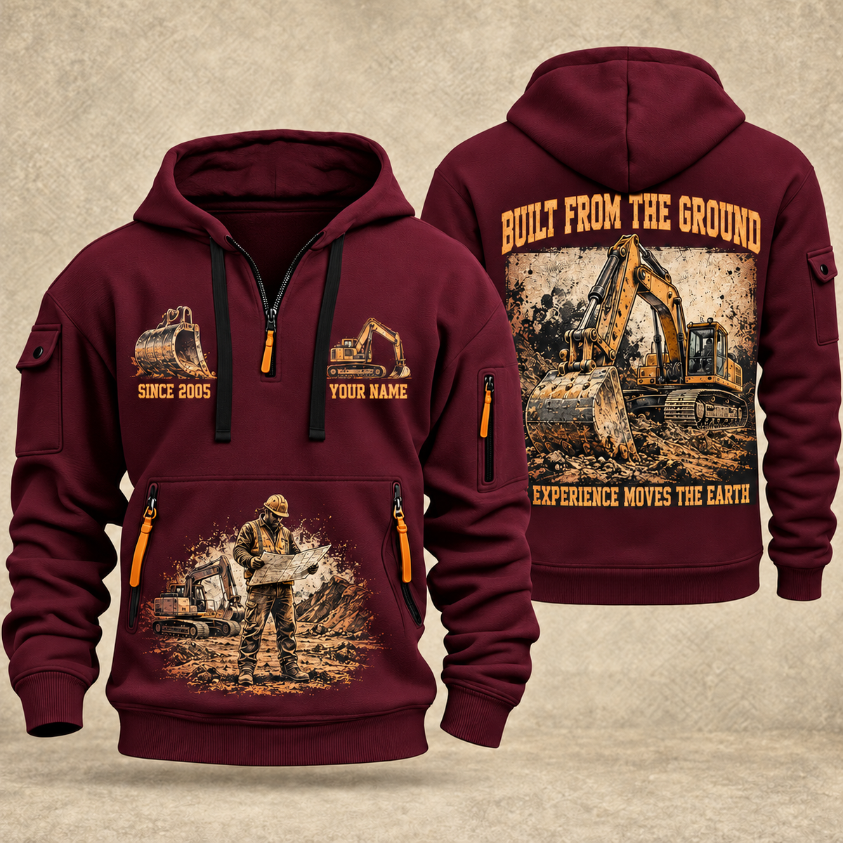 Excavator Operator Built from the Ground quarter-zip hoodie in Wine Red, front and back, YOUR NAME and SINCE 2005 artwork