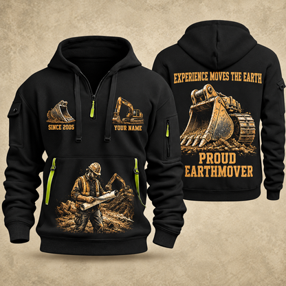 Excavator Operator Proud Earthmover quarter-zip hoodie in Black, front and back, YOUR NAME and SINCE 2005 artwork