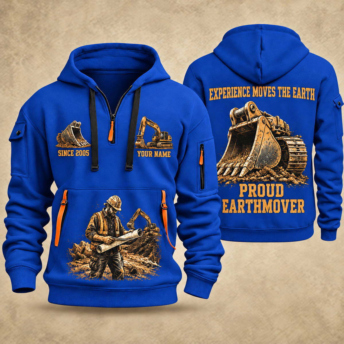 Excavator Operator Proud Earthmover quarter-zip hoodie in Blue, front and back, YOUR NAME and SINCE 2005 artwork