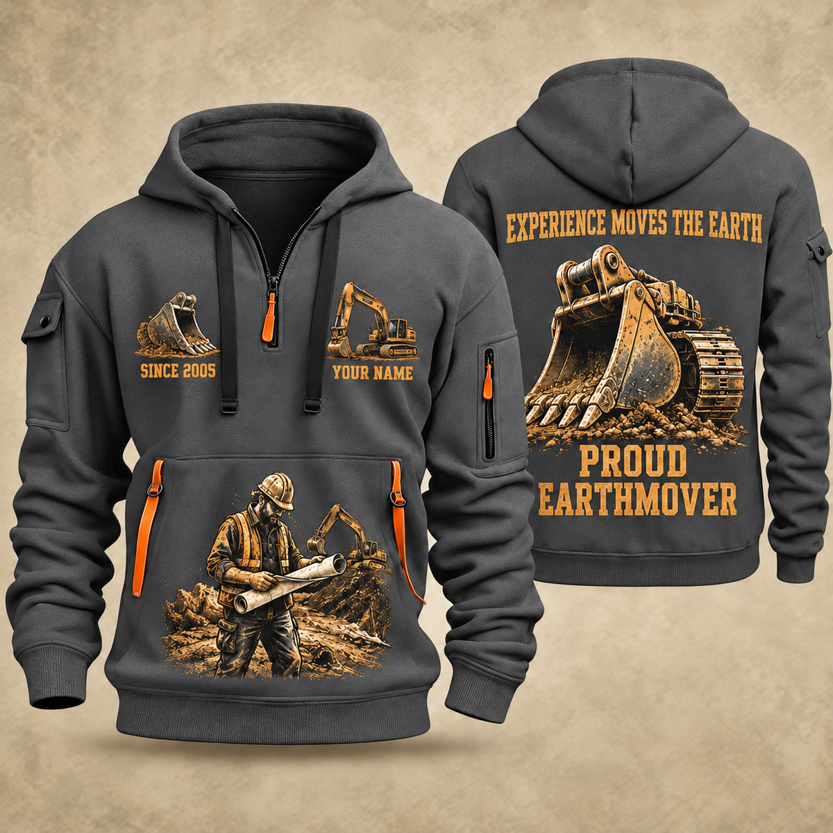 Excavator Operator Proud Earthmover quarter-zip hoodie in Gray, front and back, YOUR NAME and SINCE 2005 artwork