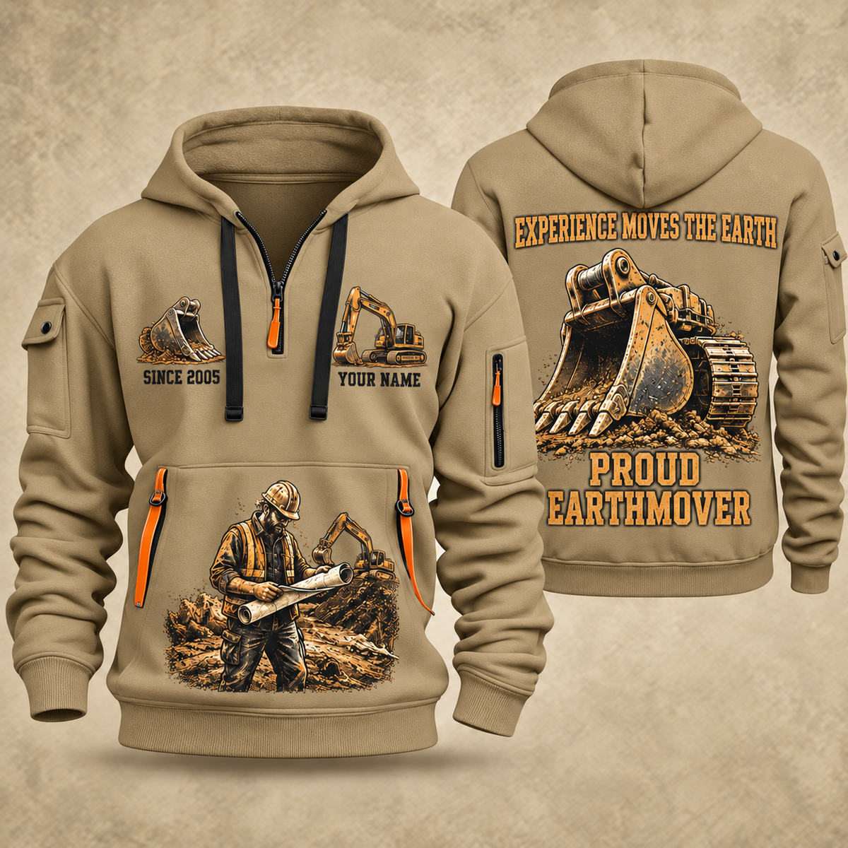 Excavator Operator Proud Earthmover quarter-zip hoodie in Khaki, front and back, YOUR NAME and SINCE 2005 artwork