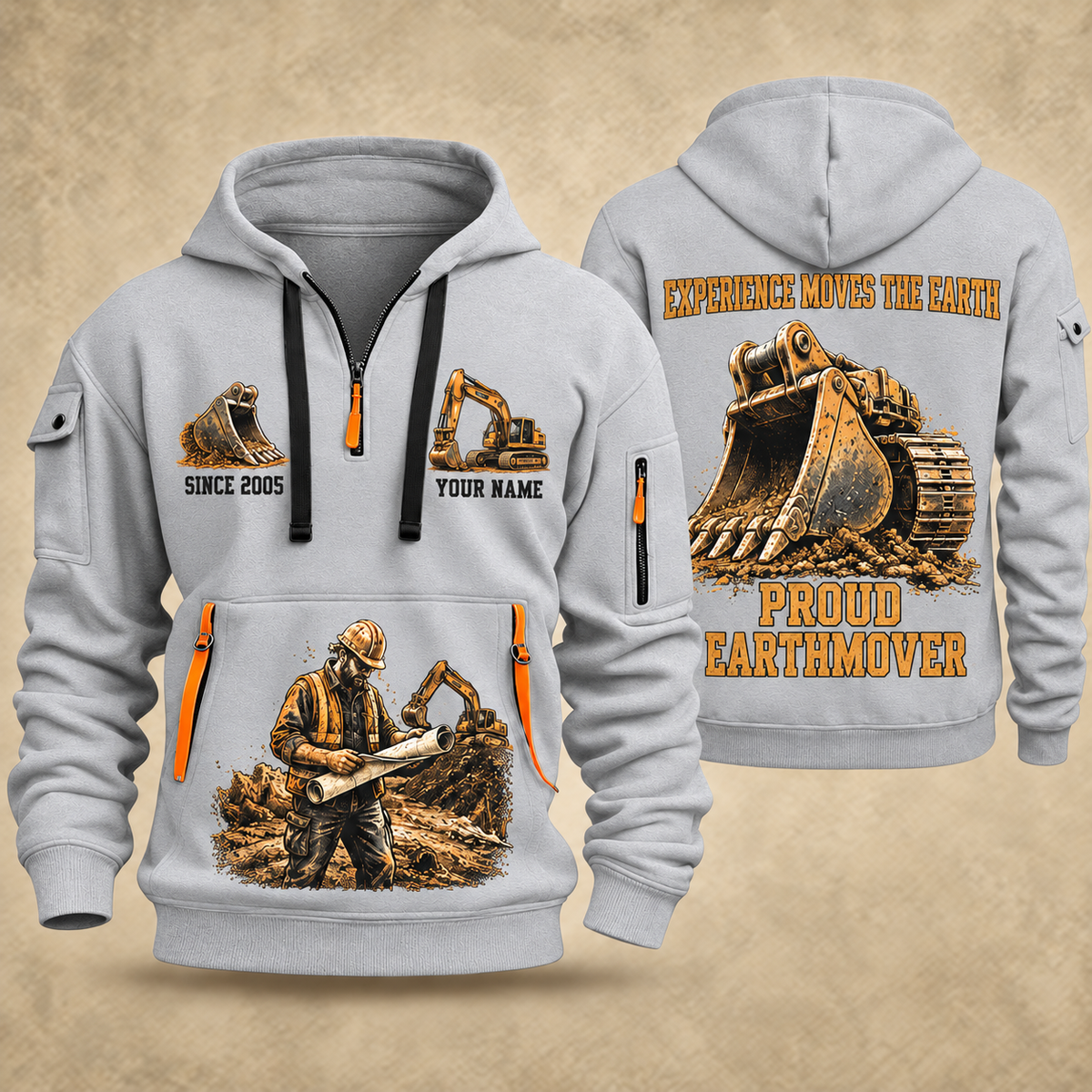 Excavator Operator Proud Earthmover quarter-zip hoodie in Light Grey, front and back, YOUR NAME and SINCE 2005 artwork