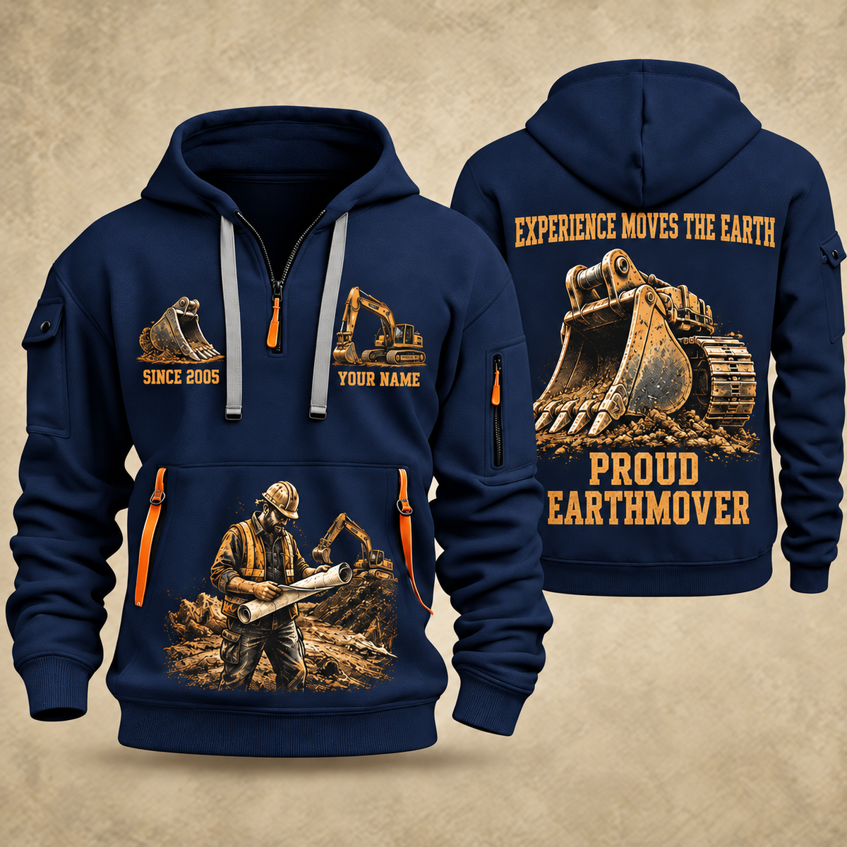 Excavator Operator Proud Earthmover quarter-zip hoodie in Navy, front and back, YOUR NAME and SINCE 2005 artwork