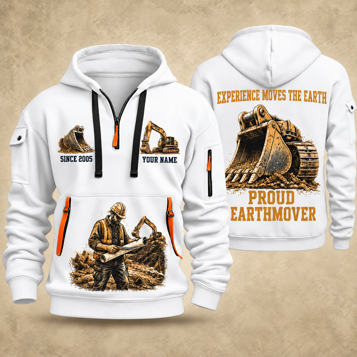 Excavator Operator Proud Earthmover quarter-zip hoodie in White, front and back, YOUR NAME and SINCE 2005 artwork