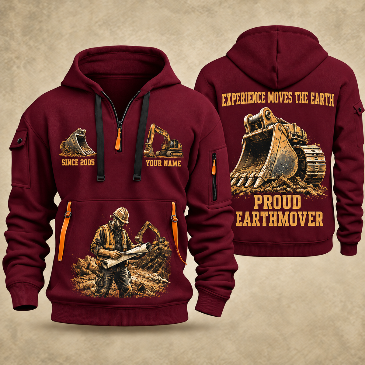 Excavator Operator Proud Earthmover quarter-zip hoodie in Wine Red, front and back, YOUR NAME and SINCE 2005 artwork