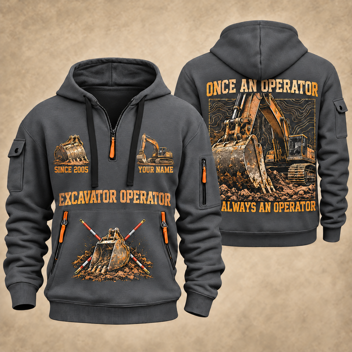 Excavator Operator Lifelong Operator quarter-zip hoodie in Gray, front and back, YOUR NAME and SINCE 2005 artwork
