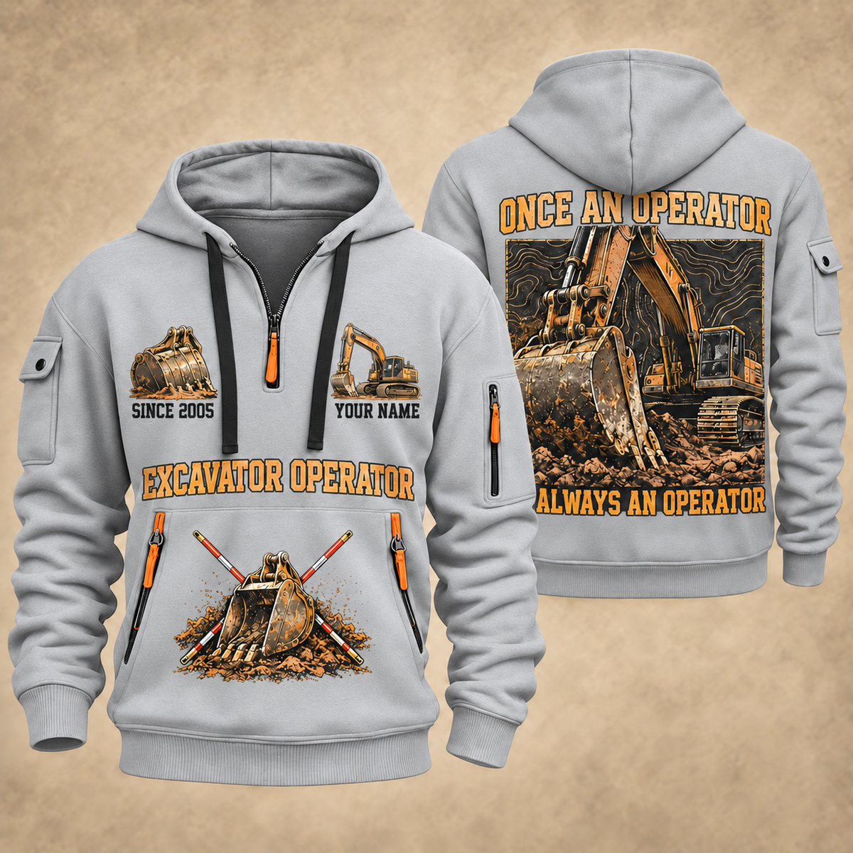 Excavator Operator Lifelong Operator quarter-zip hoodie in Light Grey, front and back, YOUR NAME and SINCE 2005 artwork