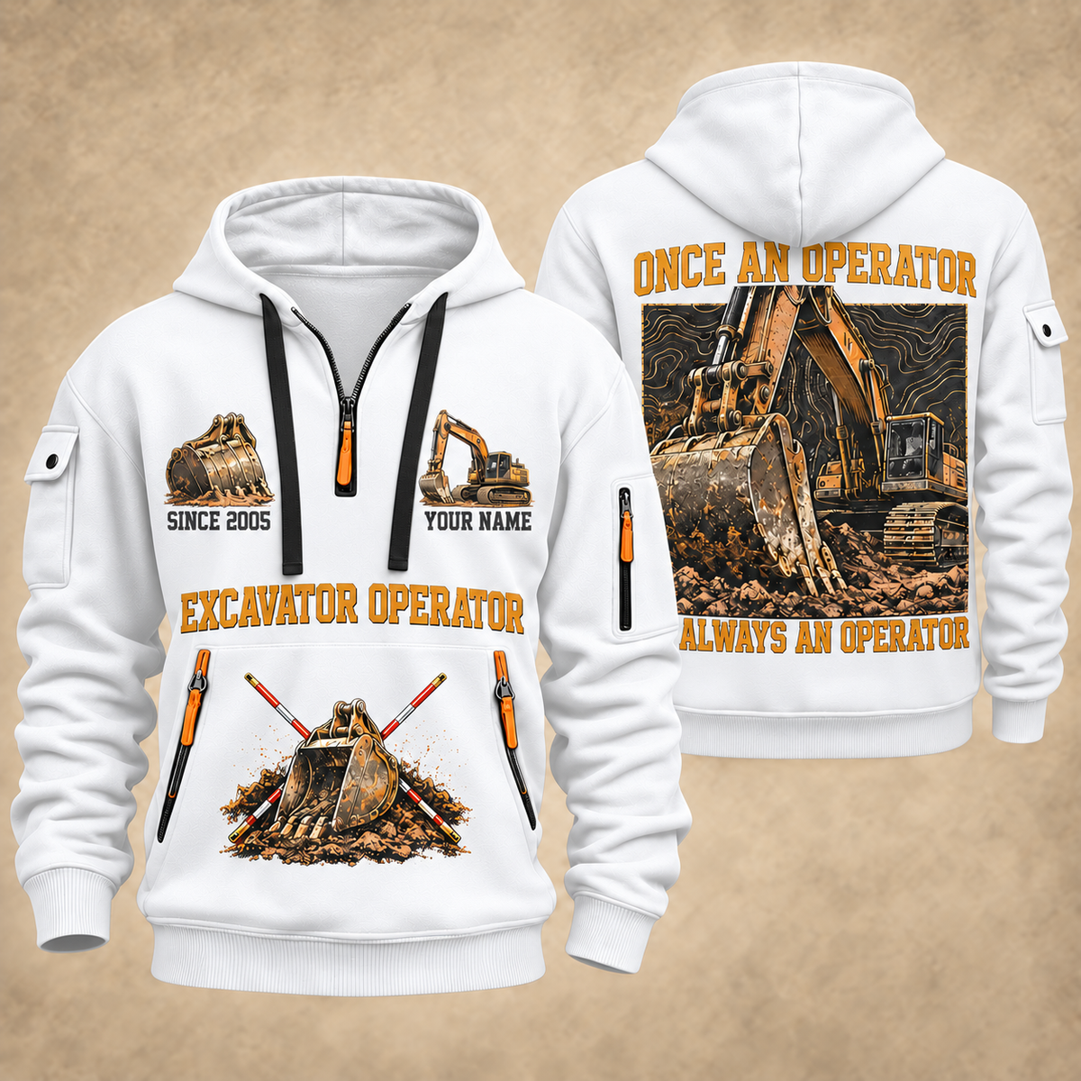 Excavator Operator Lifelong Operator quarter-zip hoodie in White, front and back, YOUR NAME and SINCE 2005 artwork