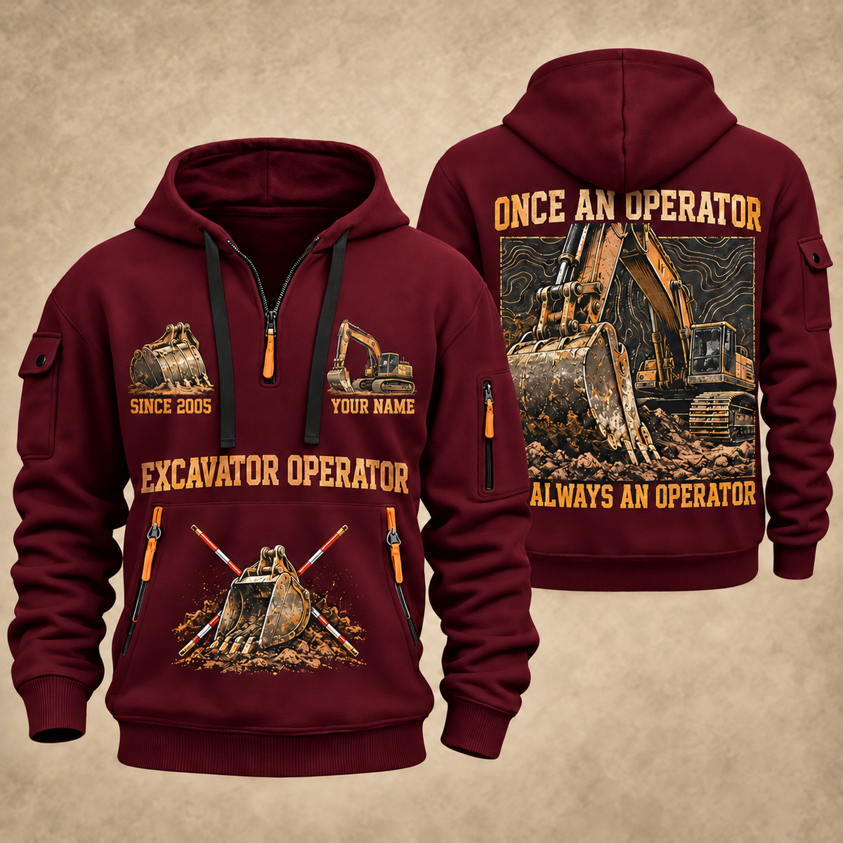 Excavator Operator Lifelong Operator quarter-zip hoodie in Wine Red, front and back, YOUR NAME and SINCE 2005 artwork