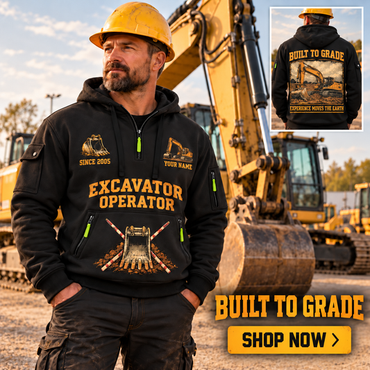 Excavator Operator wearing Built to Grade quarter-zip hoodie in their workplace; product introduction and shopping call to action