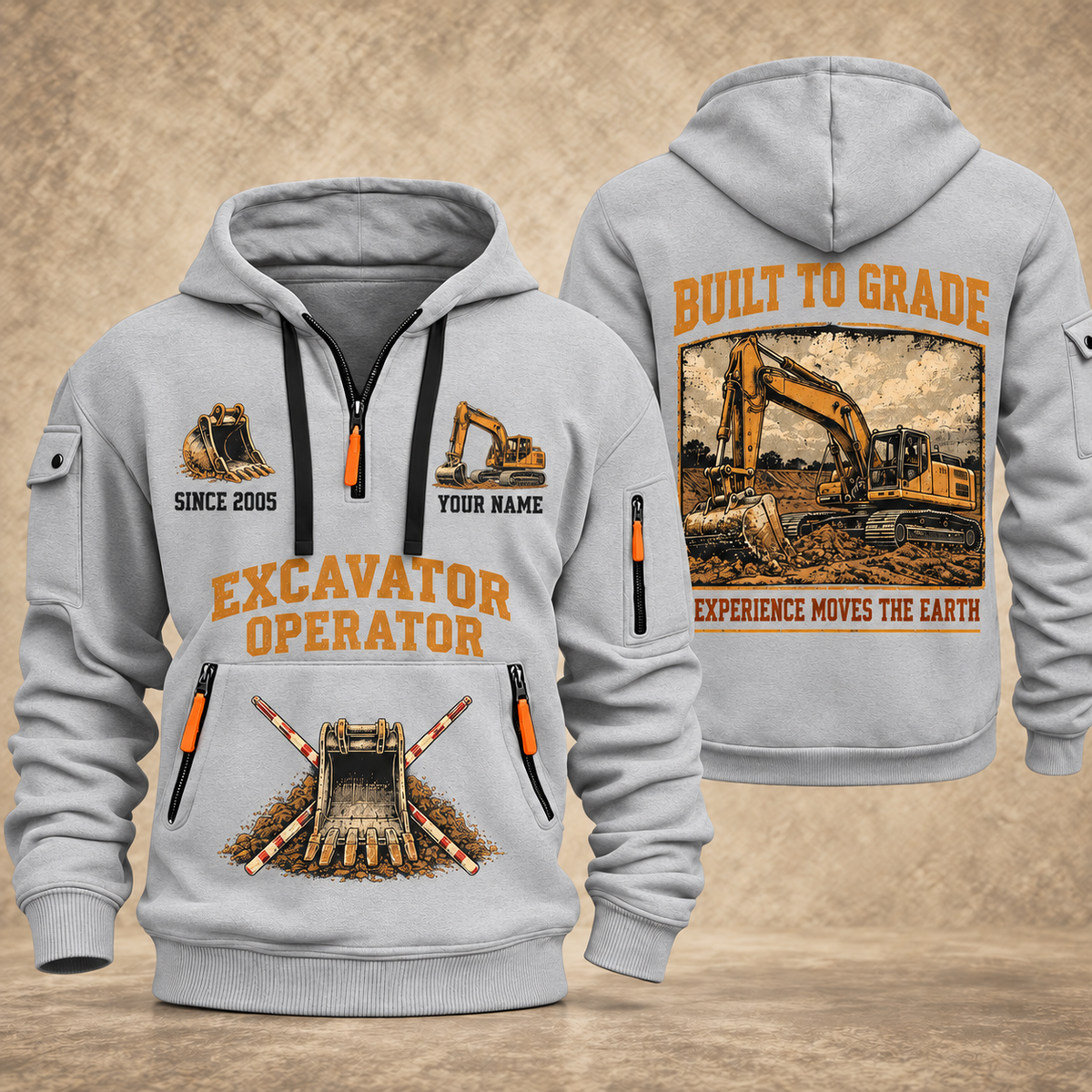 Excavator Operator Built to Grade quarter-zip hoodie in Light Grey, front and back, YOUR NAME and SINCE 2005 artwork