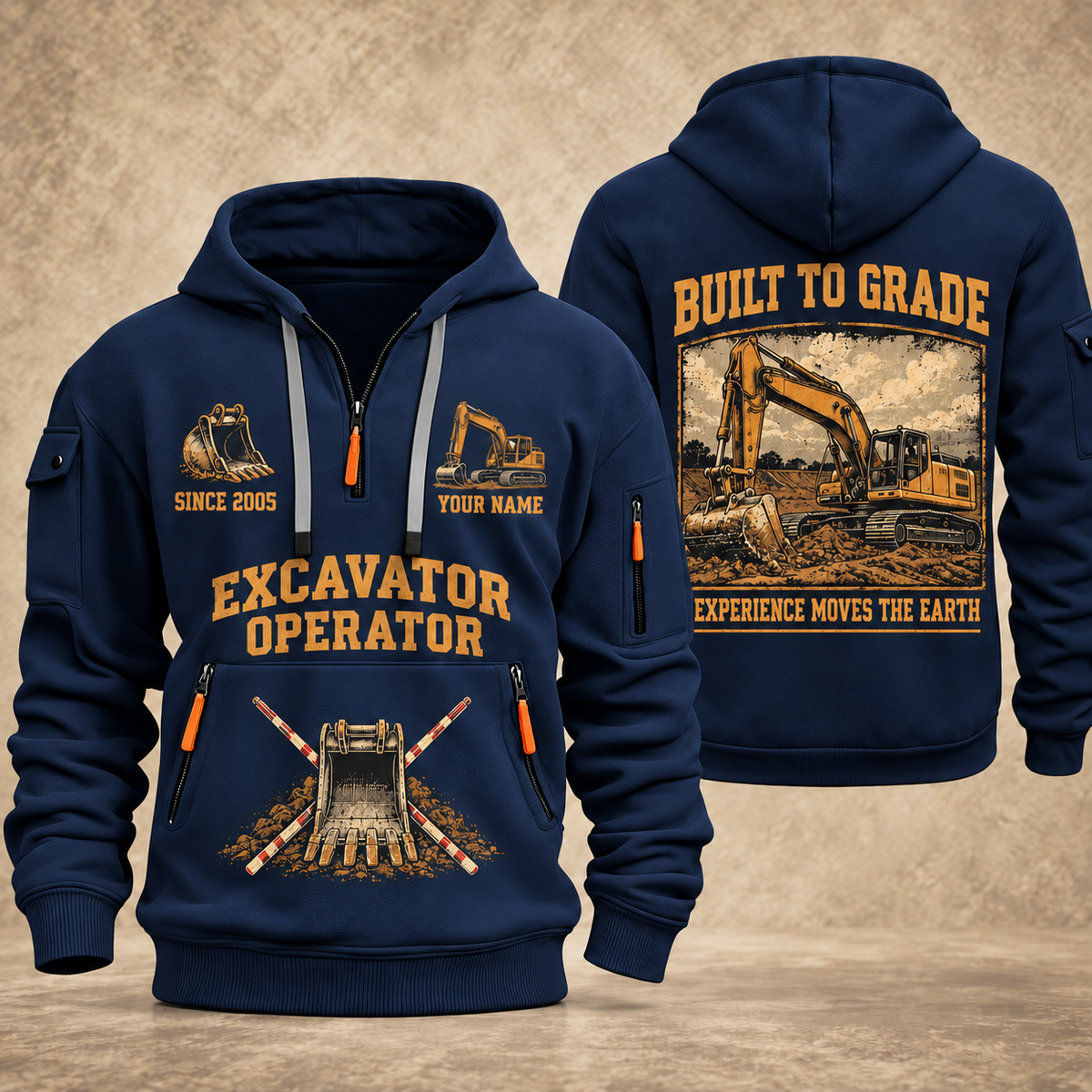 Excavator Operator Built to Grade quarter-zip hoodie in Navy, front and back, YOUR NAME and SINCE 2005 artwork