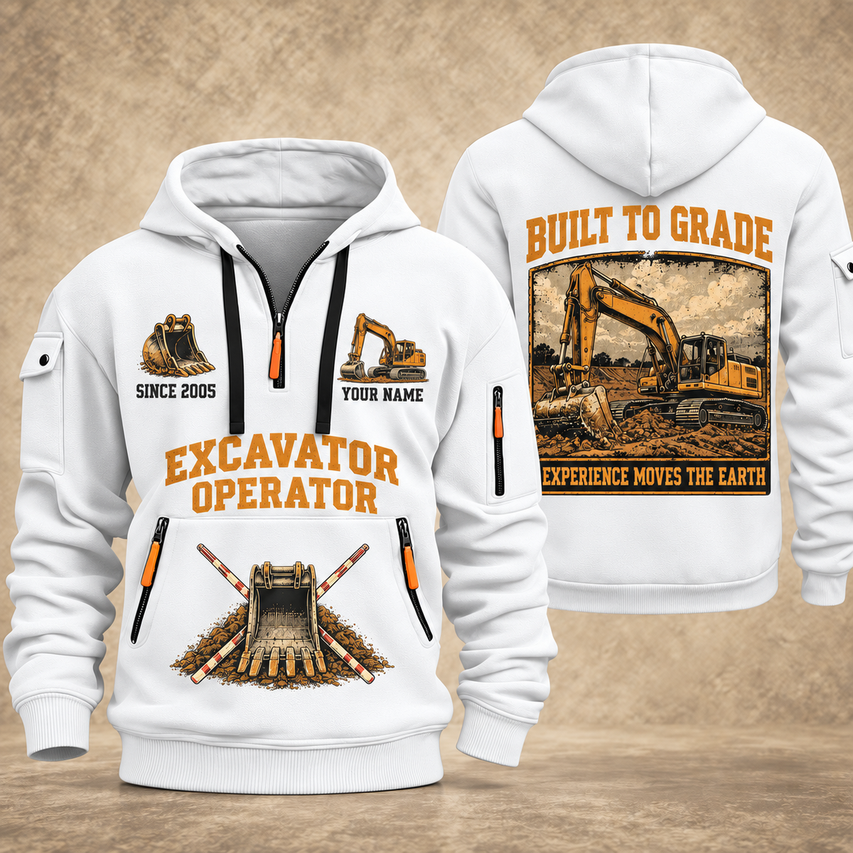 Excavator Operator Built to Grade quarter-zip hoodie in White, front and back, YOUR NAME and SINCE 2005 artwork