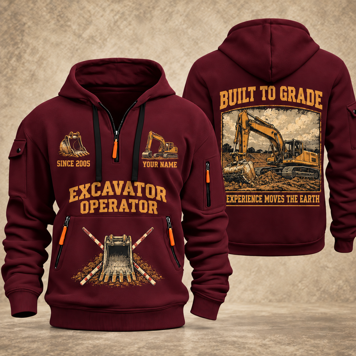 Excavator Operator Built to Grade quarter-zip hoodie in Wine Red, front and back, YOUR NAME and SINCE 2005 artwork