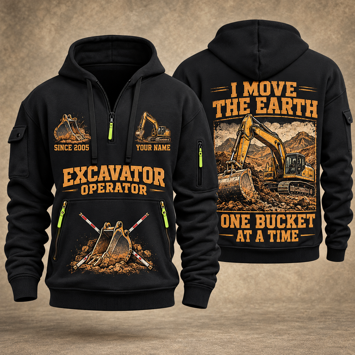 Excavator Operator Work the Earth quarter-zip hoodie in Black, front and back, YOUR NAME and SINCE 2005 artwork