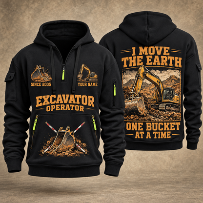 Excavator Operator Work the Earth quarter-zip hoodie in Black, front and back, YOUR NAME and SINCE 2005 artwork