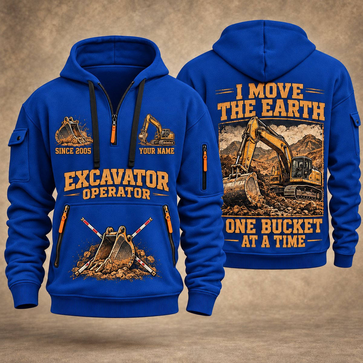 Excavator Operator Work the Earth quarter-zip hoodie in Blue, front and back, YOUR NAME and SINCE 2005 artwork