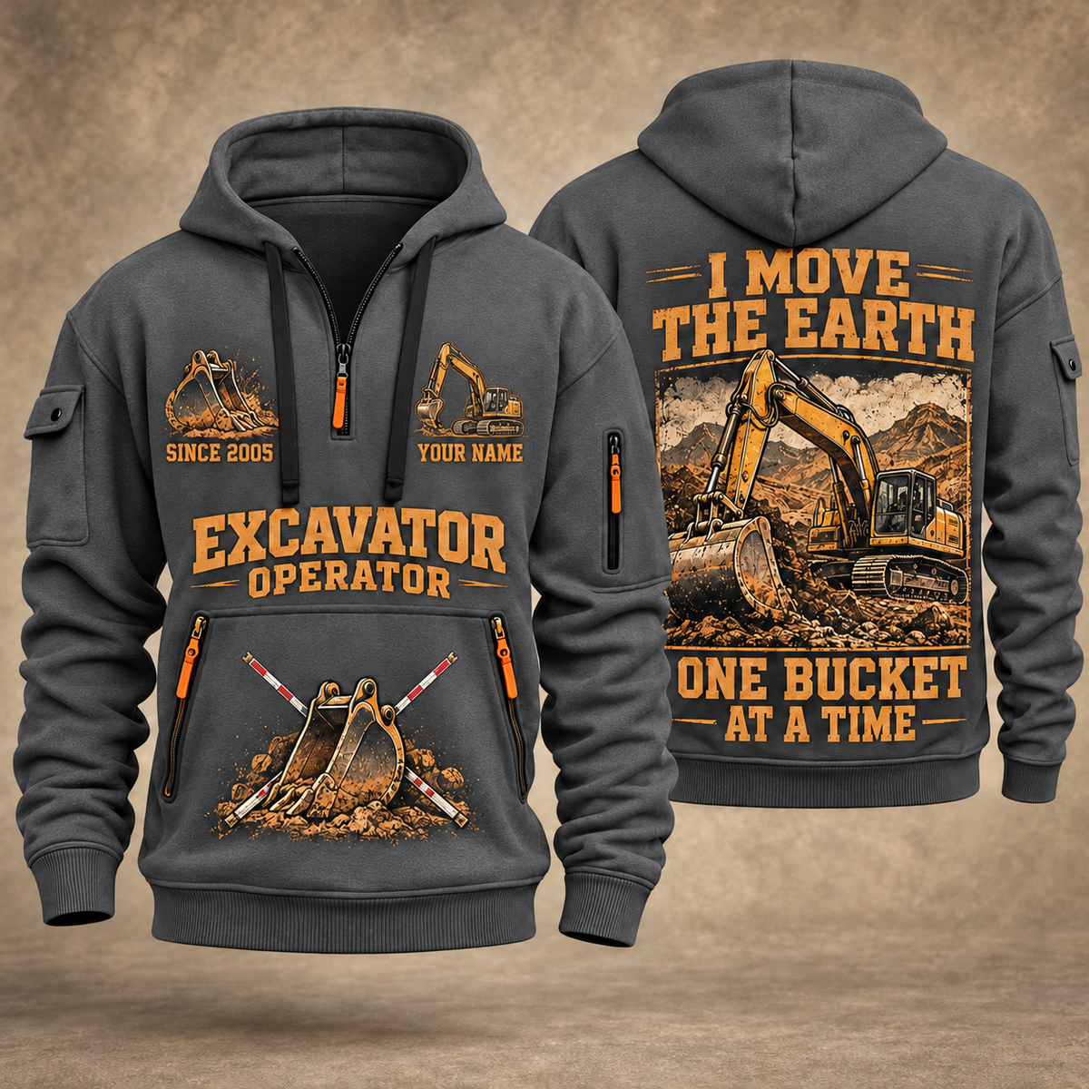 Excavator Operator Work the Earth quarter-zip hoodie in Gray, front and back, YOUR NAME and SINCE 2005 artwork