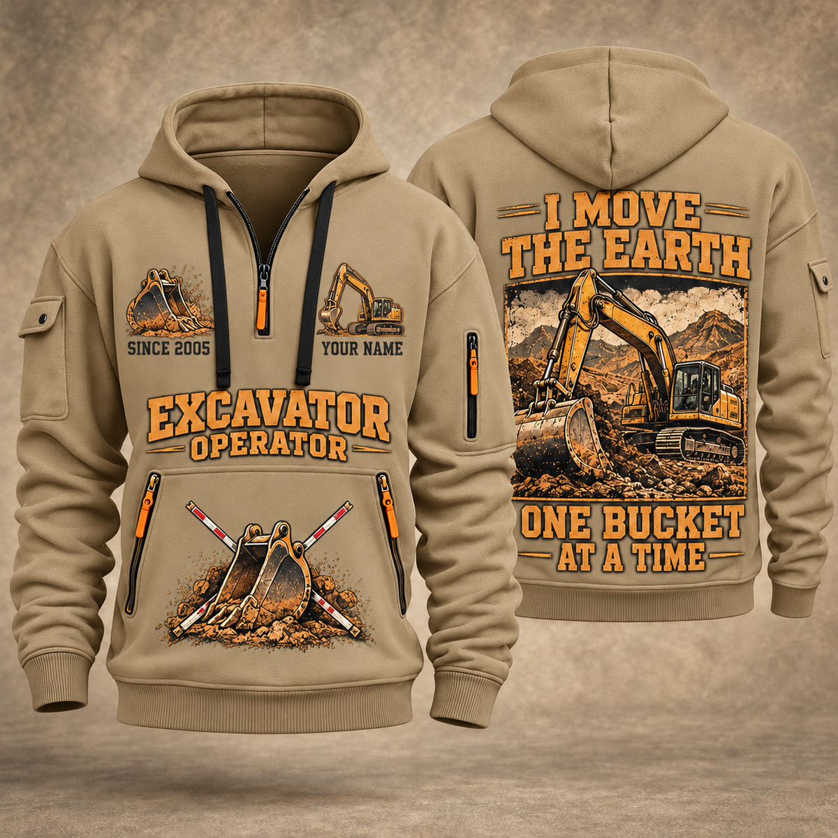 Excavator Operator Work the Earth quarter-zip hoodie in Khaki, front and back, YOUR NAME and SINCE 2005 artwork