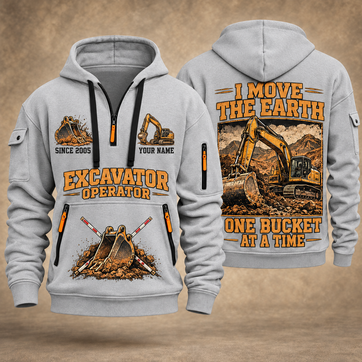 Excavator Operator Work the Earth quarter-zip hoodie in Light Grey, front and back, YOUR NAME and SINCE 2005 artwork