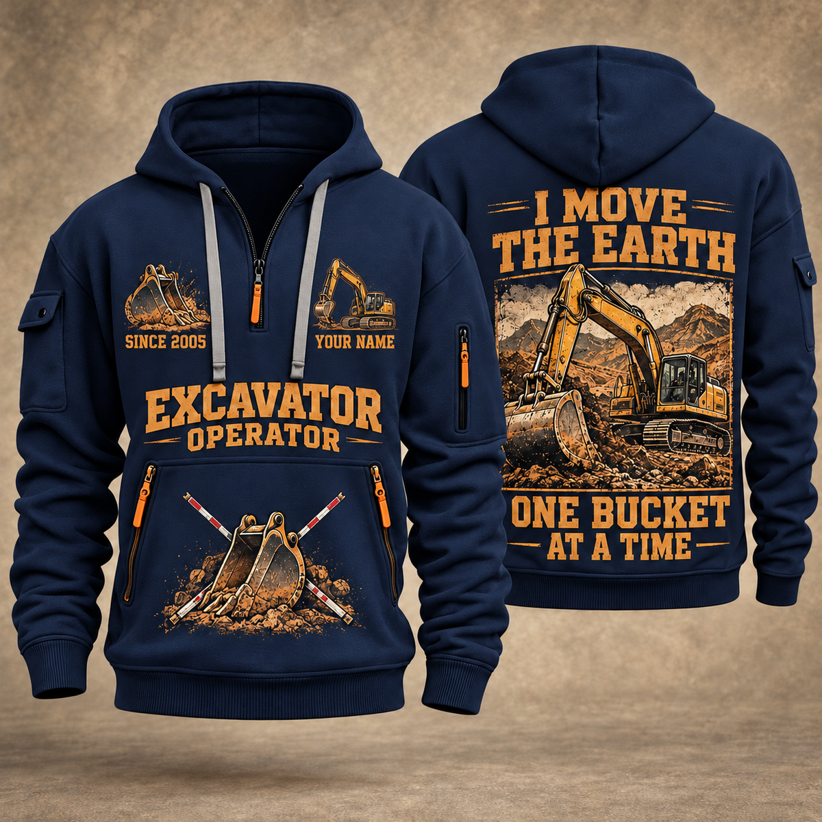 Excavator Operator Work the Earth quarter-zip hoodie in Navy, front and back, YOUR NAME and SINCE 2005 artwork