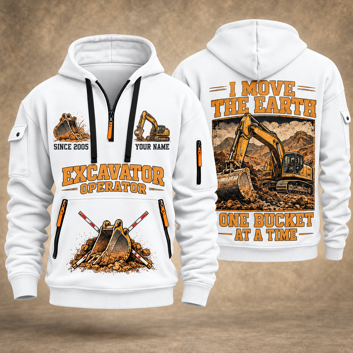 Excavator Operator Work the Earth quarter-zip hoodie in White, front and back, YOUR NAME and SINCE 2005 artwork