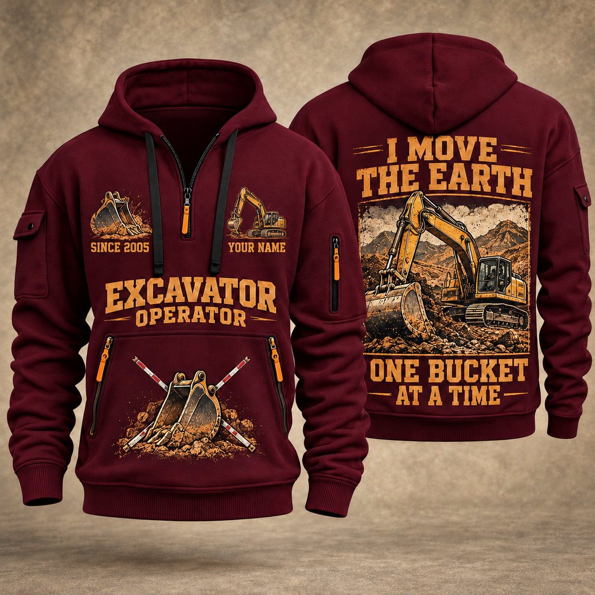 Excavator Operator Work the Earth quarter-zip hoodie in Wine Red, front and back, YOUR NAME and SINCE 2005 artwork