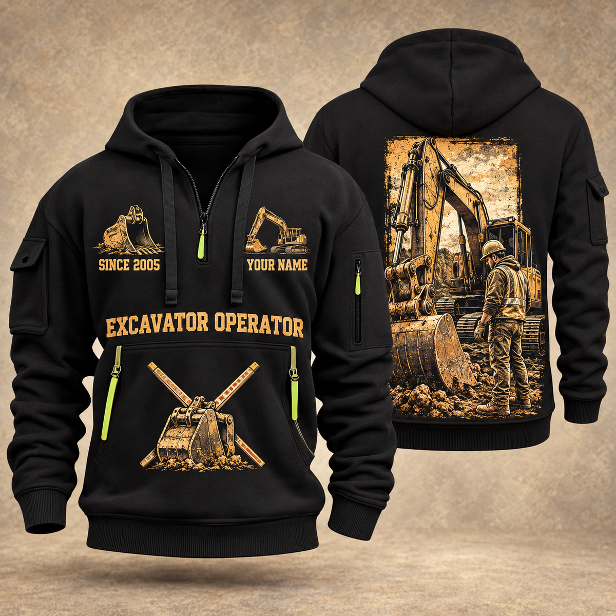 Excavator Operator Golden Earthmover quarter-zip hoodie in Black, front and back, YOUR NAME and SINCE 2005 artwork