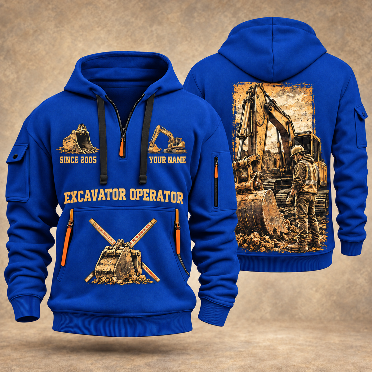 Excavator Operator Golden Earthmover quarter-zip hoodie in Blue, front and back, YOUR NAME and SINCE 2005 artwork
