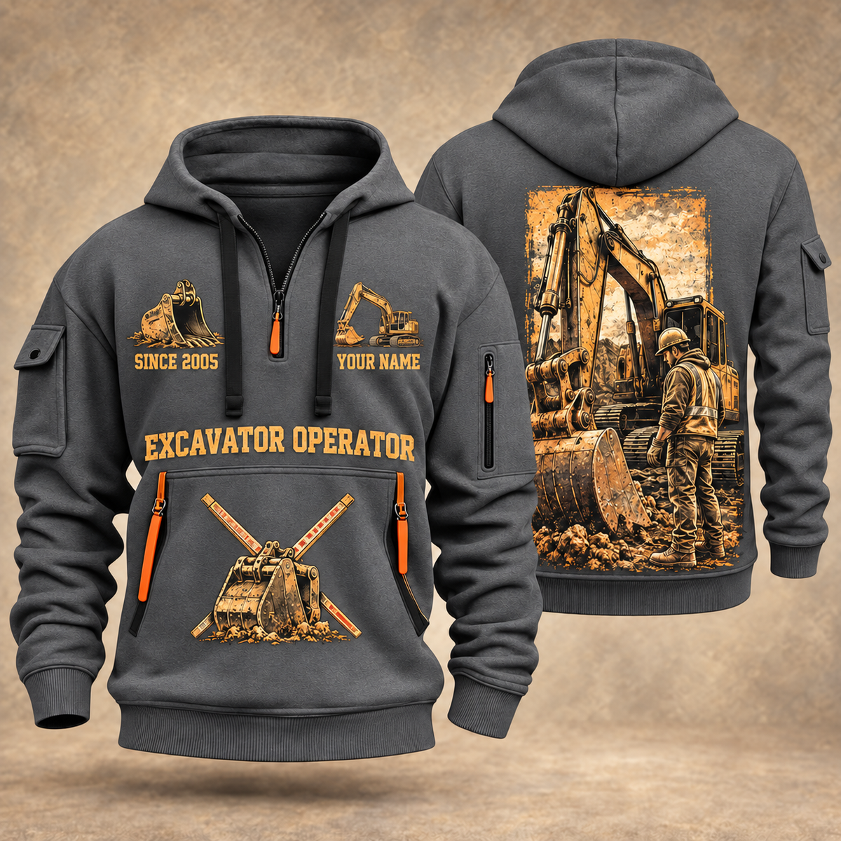 Excavator Operator Golden Earthmover quarter-zip hoodie in Gray, front and back, YOUR NAME and SINCE 2005 artwork