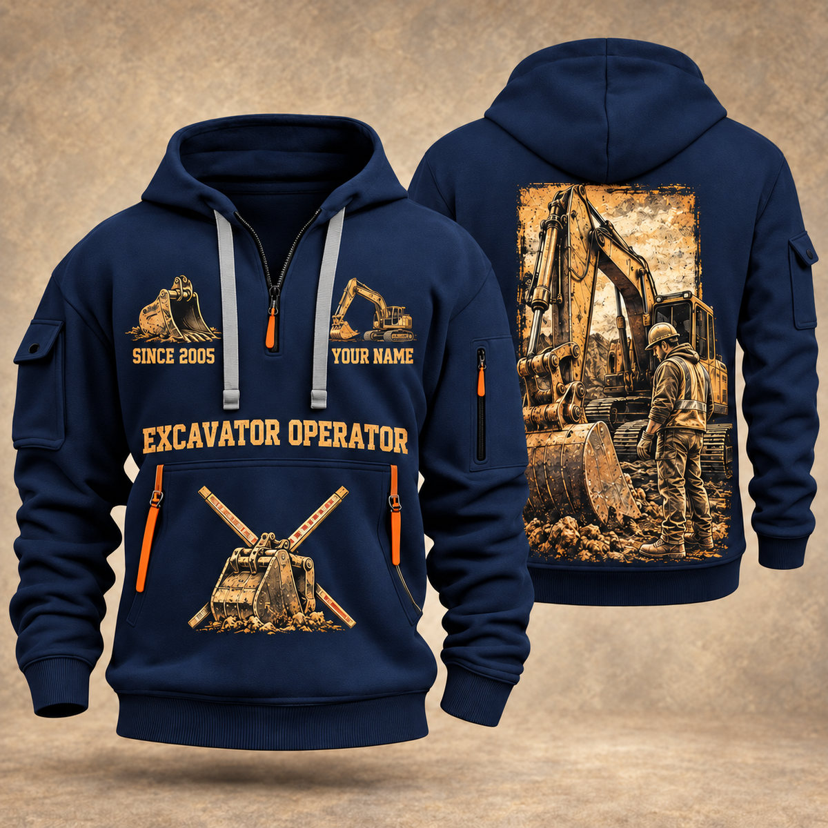 Excavator Operator Golden Earthmover quarter-zip hoodie in Navy, front and back, YOUR NAME and SINCE 2005 artwork