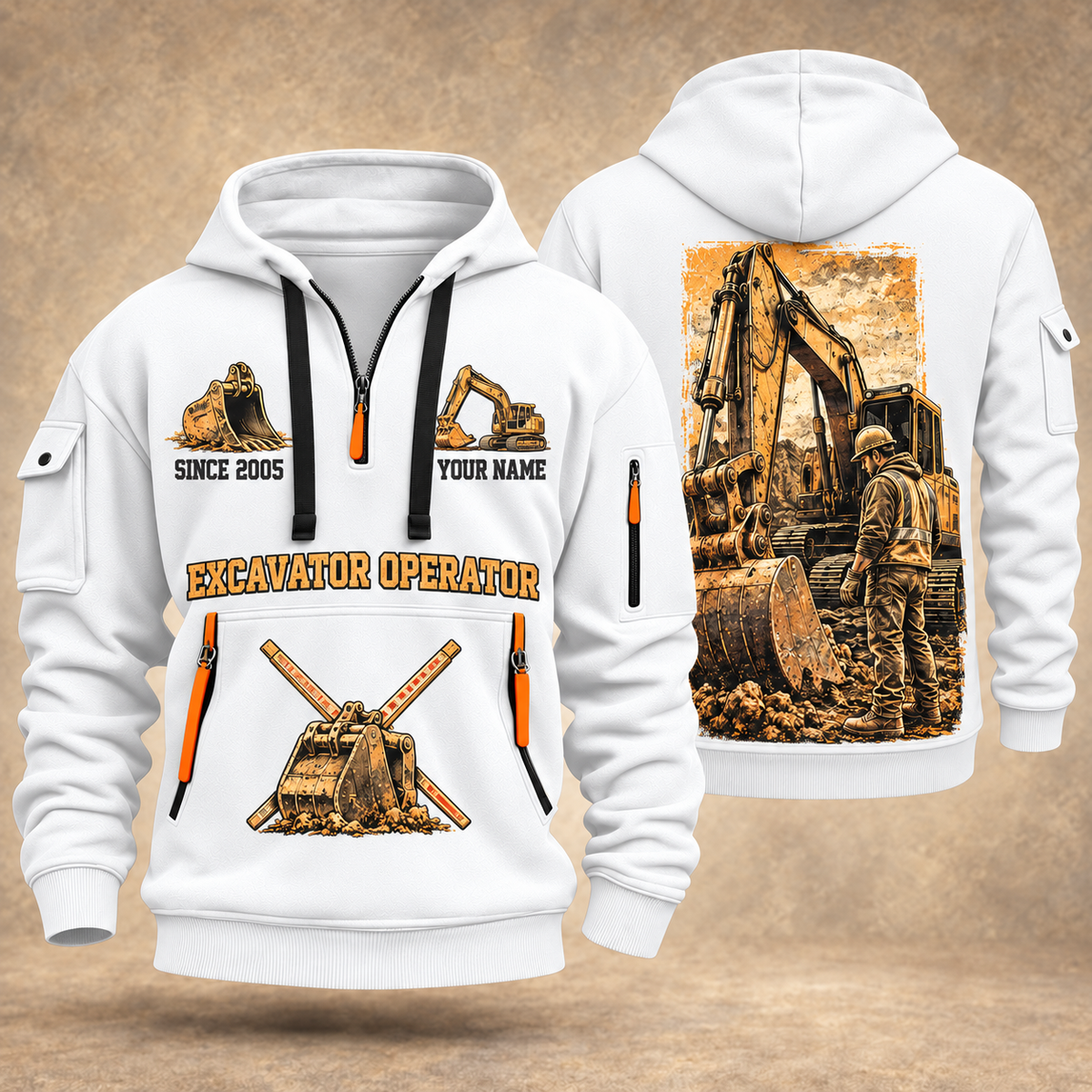 Excavator Operator Golden Earthmover quarter-zip hoodie in White, front and back, YOUR NAME and SINCE 2005 artwork