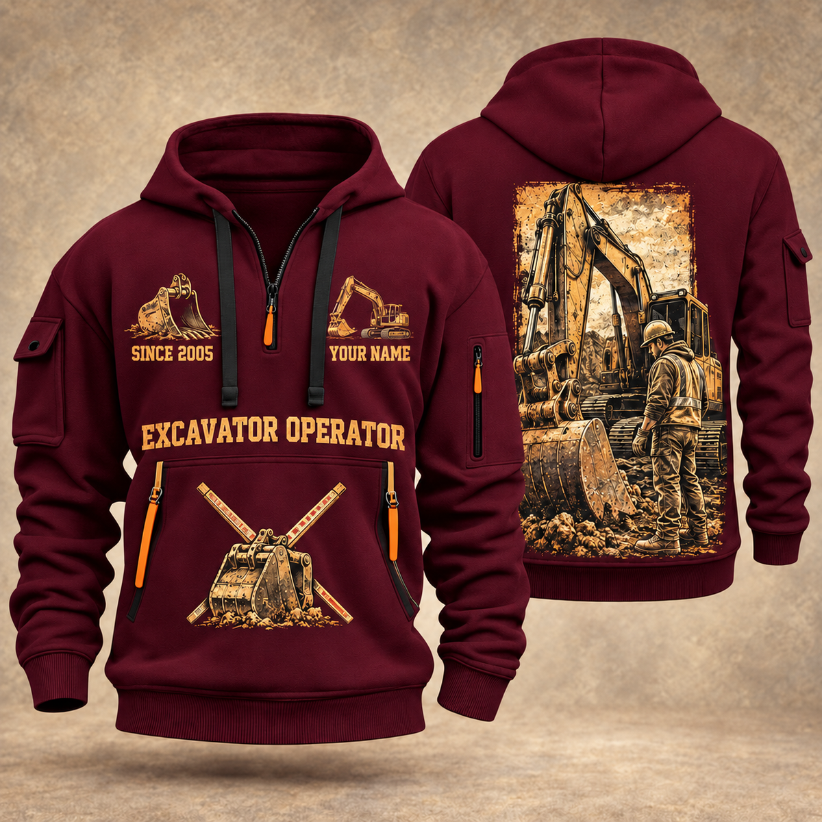 Excavator Operator Golden Earthmover quarter-zip hoodie in Wine Red, front and back, YOUR NAME and SINCE 2005 artwork