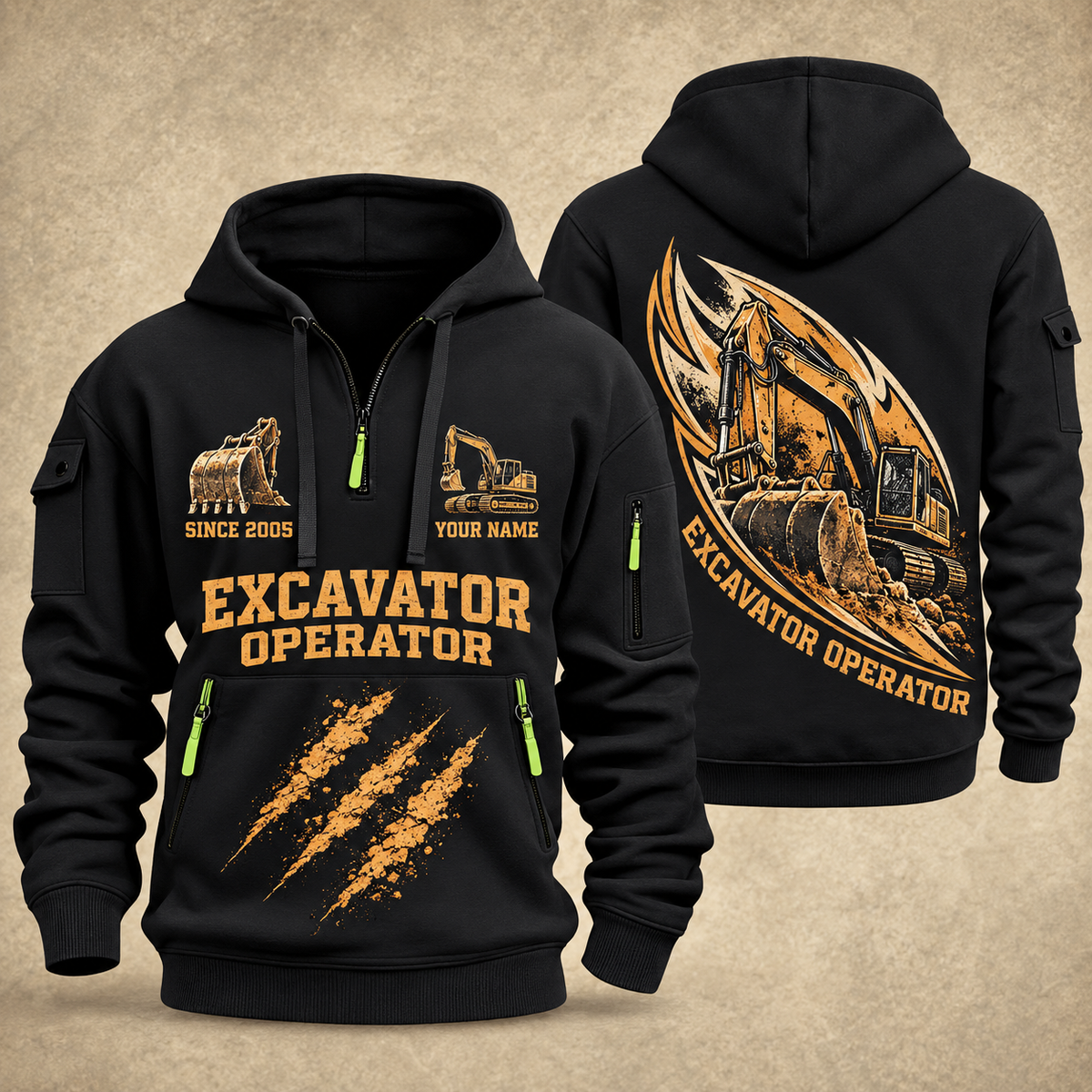 Excavator Operator Earth in Motion quarter-zip hoodie in Black, front and back, YOUR NAME and SINCE 2005 artwork