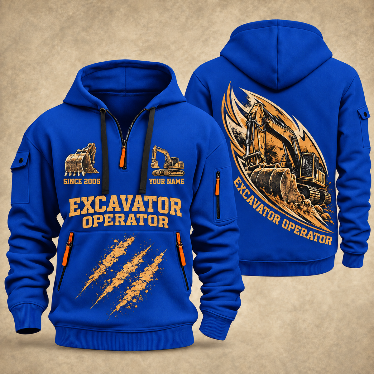 Excavator Operator Earth in Motion quarter-zip hoodie in Blue, front and back, YOUR NAME and SINCE 2005 artwork