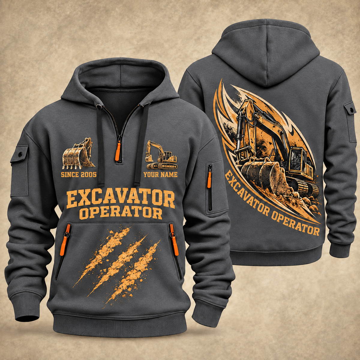 Excavator Operator Earth in Motion quarter-zip hoodie in Gray, front and back, YOUR NAME and SINCE 2005 artwork