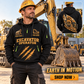 Excavator Operator wearing Earth in Motion quarter-zip hoodie in their workplace; product introduction and shopping call to action