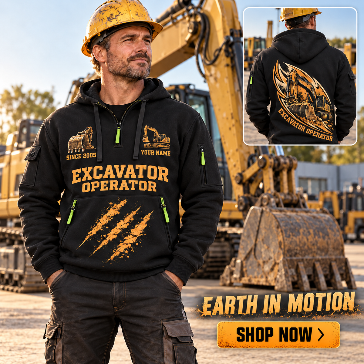 Excavator Operator wearing Earth in Motion quarter-zip hoodie in their workplace; product introduction and shopping call to action