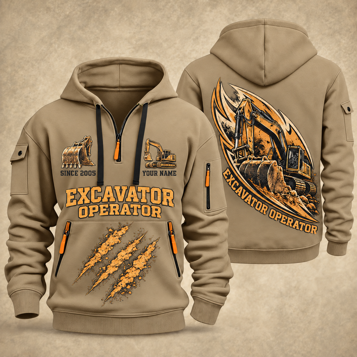 Excavator Operator Earth in Motion quarter-zip hoodie in Khaki, front and back, YOUR NAME and SINCE 2005 artwork