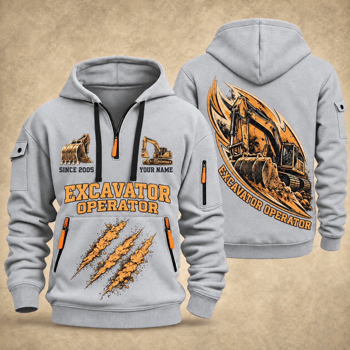 Excavator Operator Earth in Motion quarter-zip hoodie in Light Grey, front and back, YOUR NAME and SINCE 2005 artwork