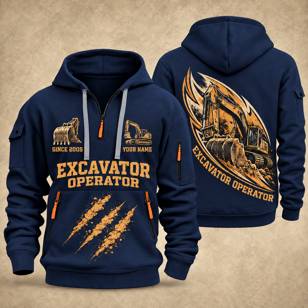 Excavator Operator Earth in Motion quarter-zip hoodie in Navy, front and back, YOUR NAME and SINCE 2005 artwork