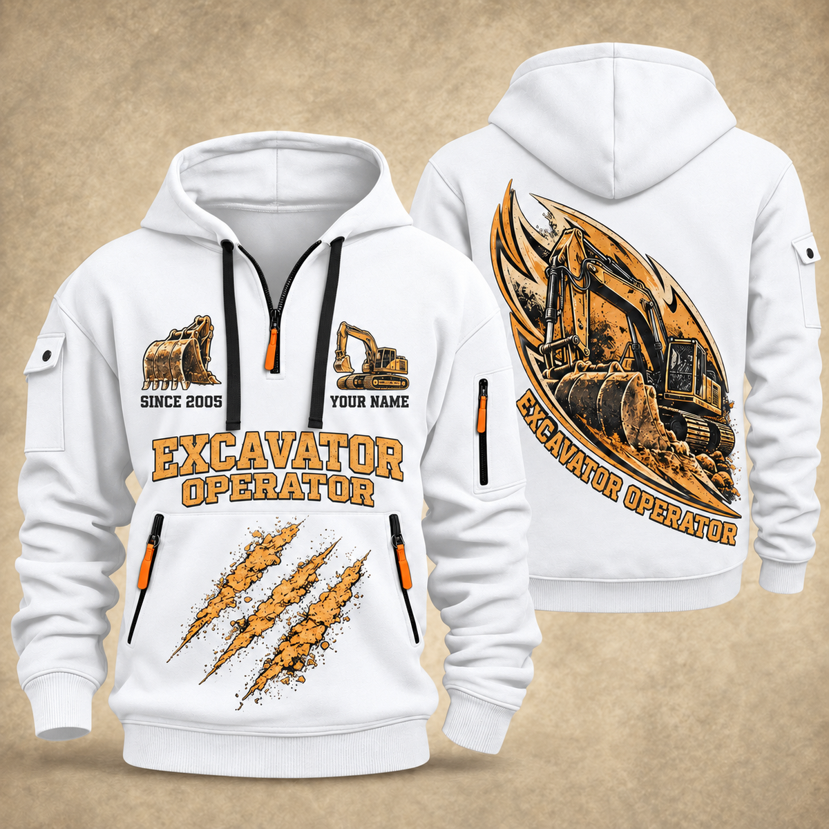 Excavator Operator Earth in Motion quarter-zip hoodie in White, front and back, YOUR NAME and SINCE 2005 artwork