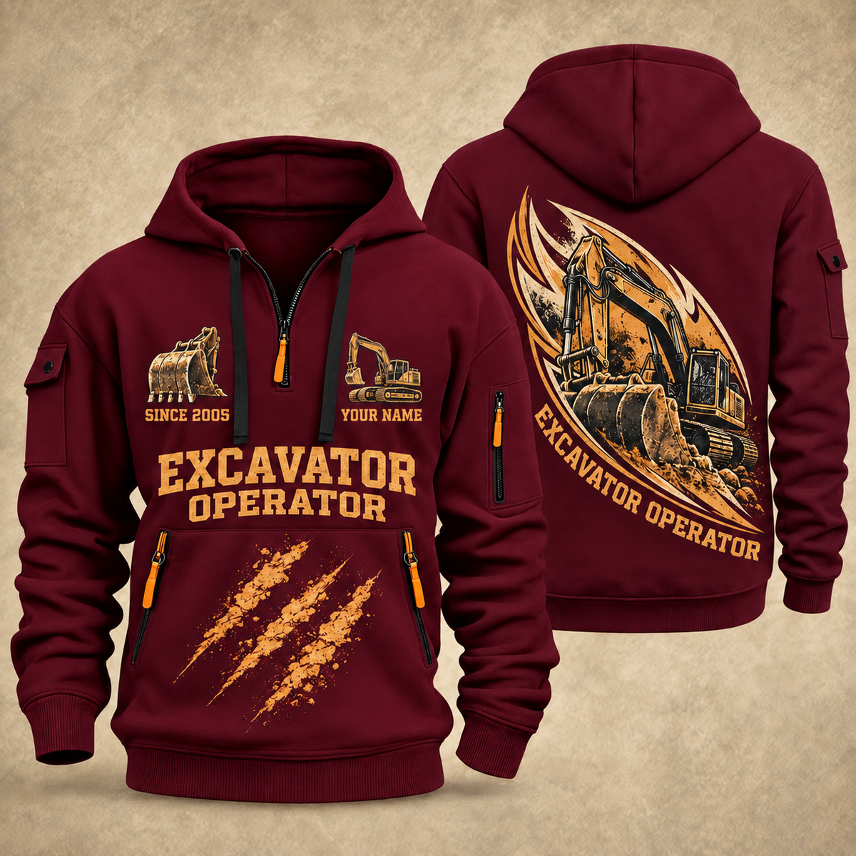 Excavator Operator Earth in Motion quarter-zip hoodie in Wine Red, front and back, YOUR NAME and SINCE 2005 artwork