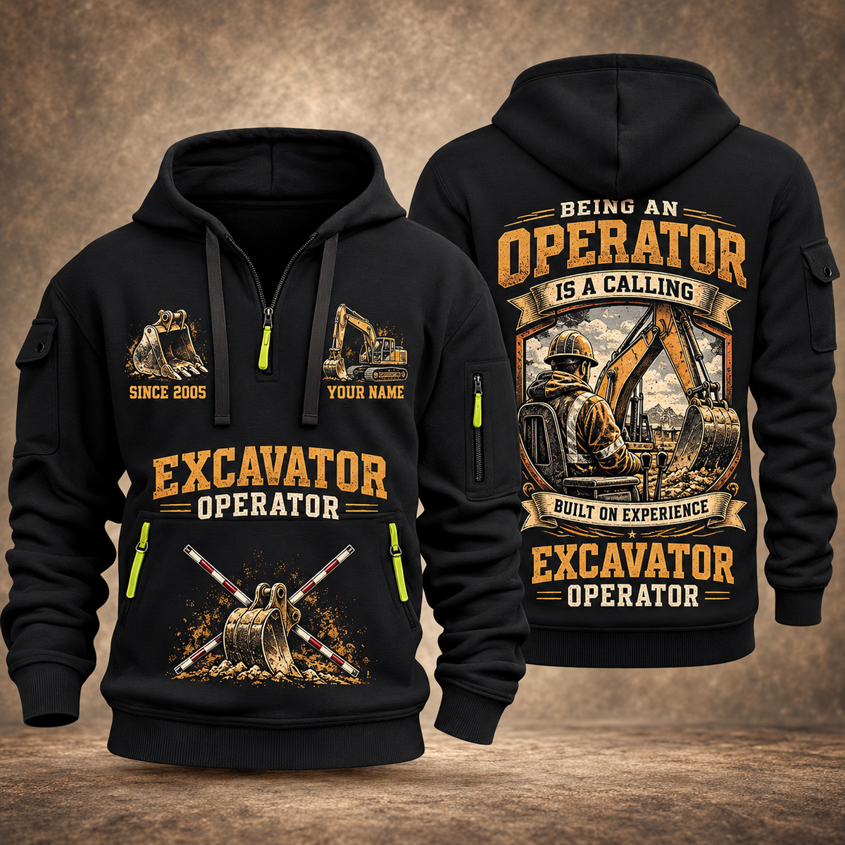 Excavator Operator Calling of the Earth quarter-zip hoodie in Black, front and back, YOUR NAME and SINCE 2005 artwork